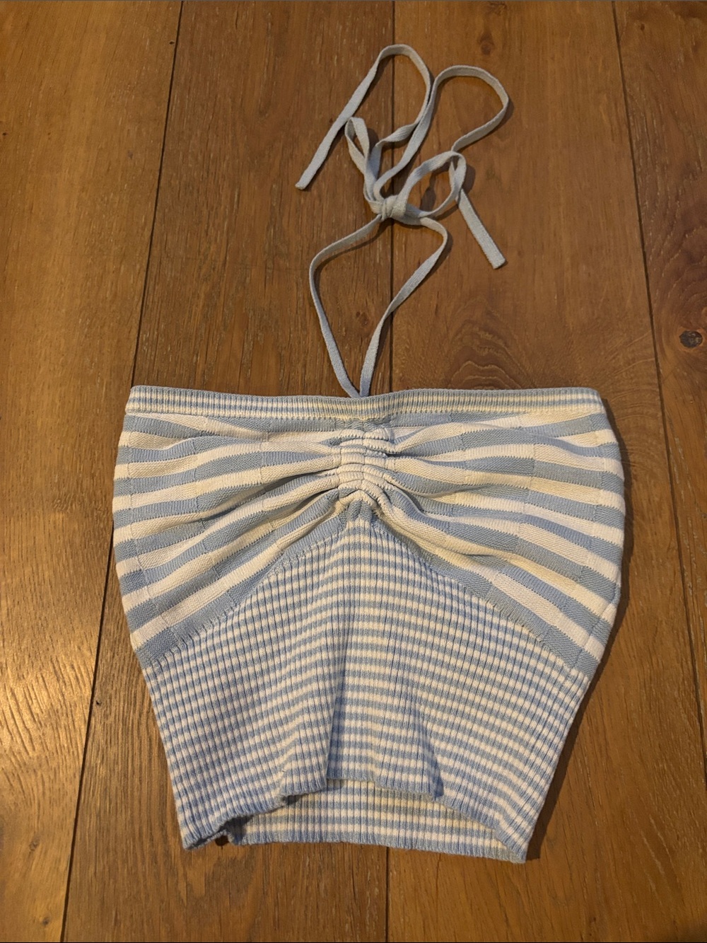 Full Tilt Striped Halter Ribbed Crop Top in Light Blue & White